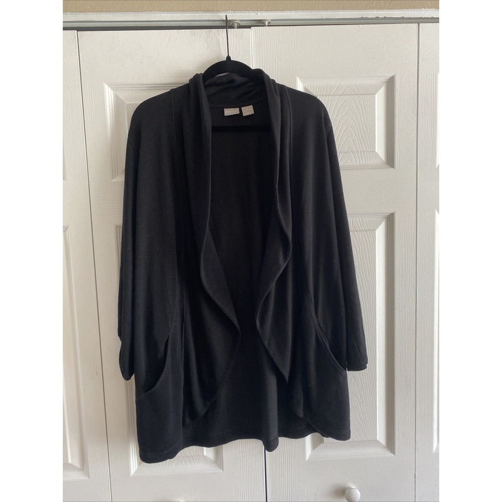 Chicos Zenergy Open Front Cardigan Womens Size 2 L 12/14 Black Wrap  Cotton